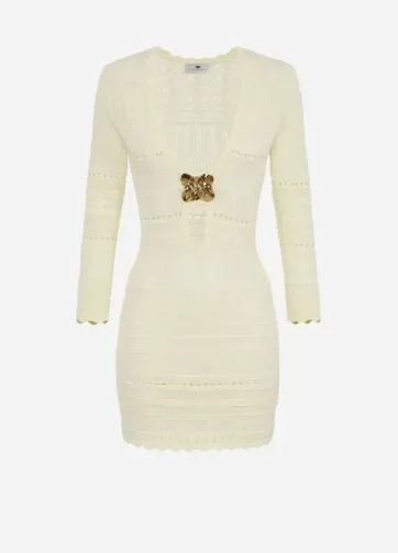 ELISABETTA FRANCHI AM74S52E2 Openwork viscose mini dress with jewel flower