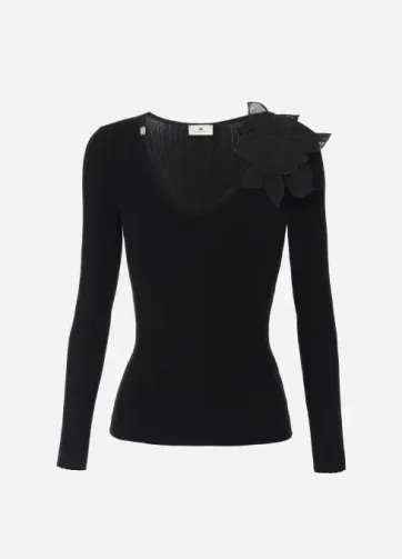 ELISABETTA FRANCHI MK56B51E2 Ribbed knit top with floral detail